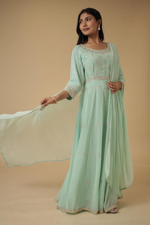 Georgette Anarkali Suit Embroidered with Pittan work