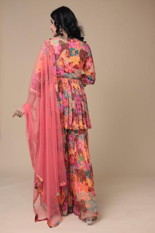 Embroidered Printed Chinon Peplum Suit with Mirror work