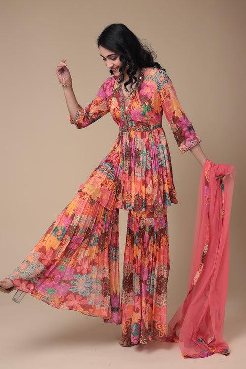 Embroidered Printed Chinon Peplum Suit with Mirror work