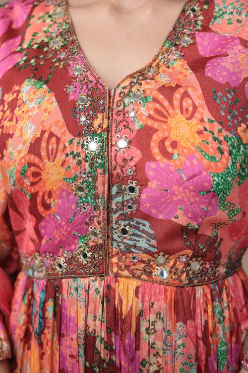 Embroidered Printed Chinon Peplum Suit with Mirror work