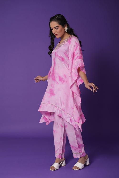 Tie & Dye Kaftan Style Muslin Co Ord Set with Gota Patti work.