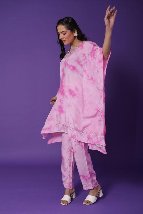 Tie & Dye Kaftan Style Muslin Co Ord Set with Gota Patti work.