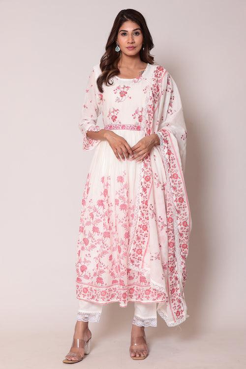 Floral Print Muslin Kurta Set with Thread work.