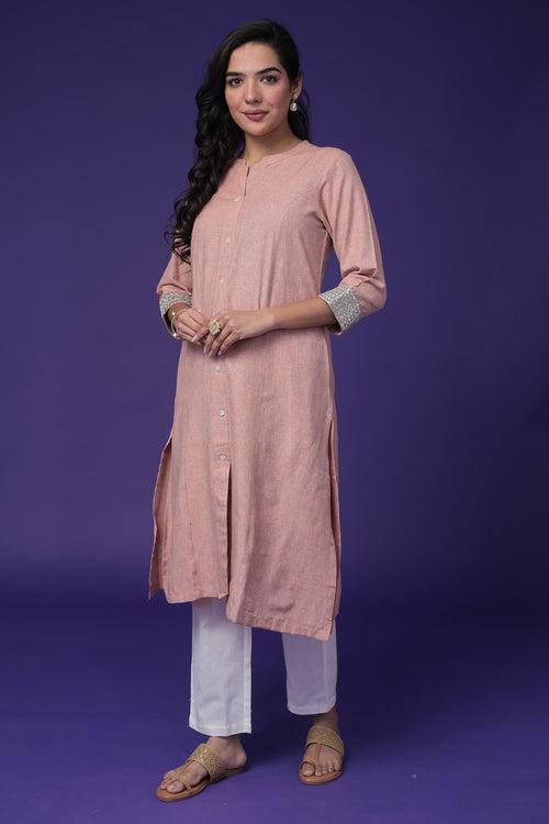 Linen Kurta Stitched with Mirror and Embroidered work