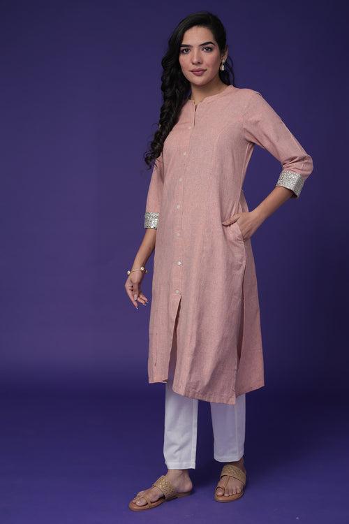 Linen Kurta Stitched with Mirror and Embroidered work