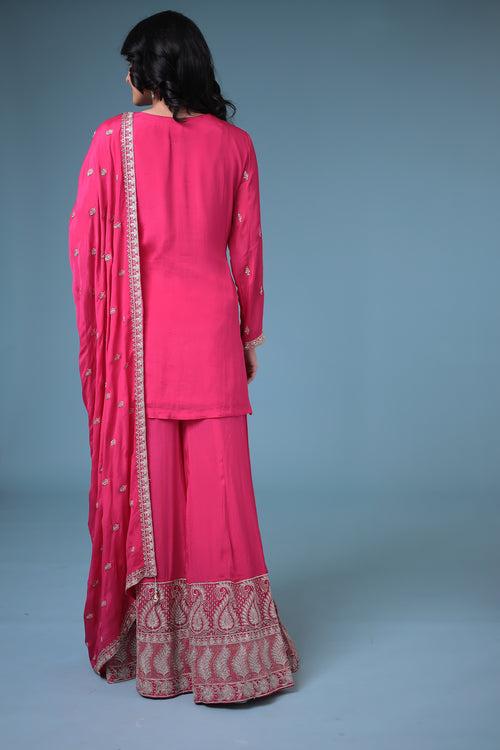 Chinon Straight Cut Palazzo Suit with Cutdana and Pearl work.