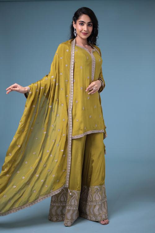 Chinon Straight Cut Palazzo Suit with Cutdana and Pearl work.