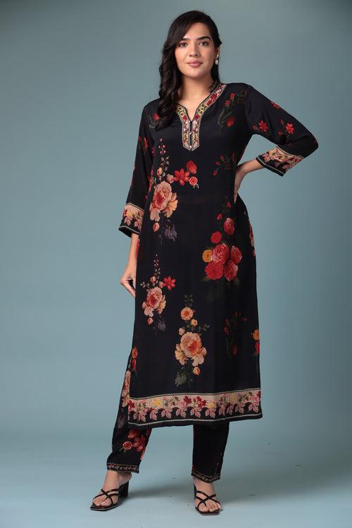 Embroidered Printed Crepe Kurta Set Stitched