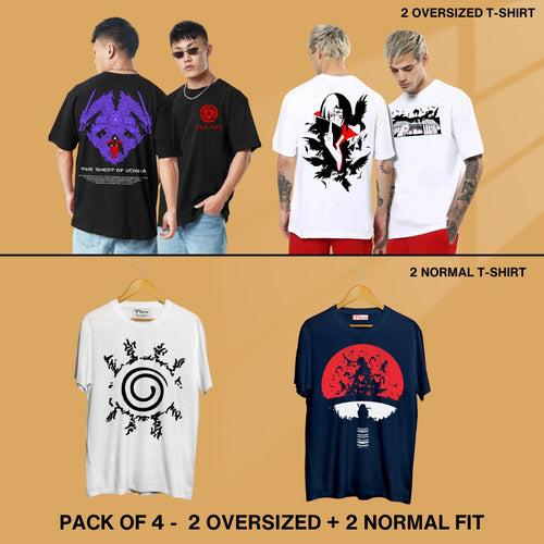 Naruto T-shirt Combo Pack Of 4 - 2 Oversized + 2 Normal Fit T-shirt