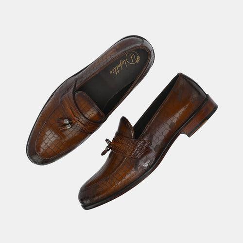 Tan Laser Engraved Tassel Loafers by Lafattio