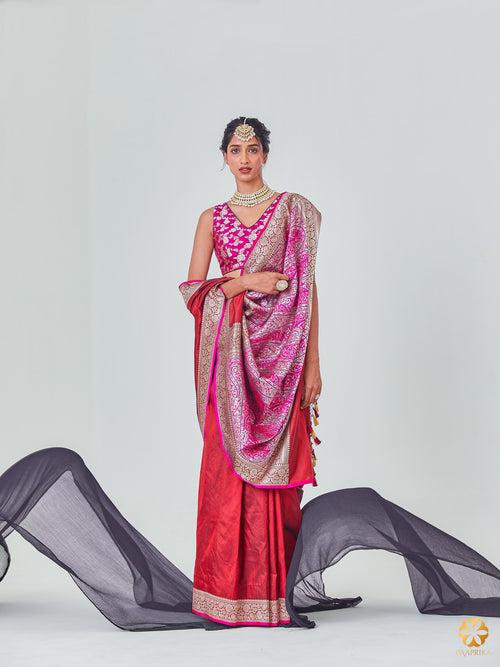 Exquisite Maroon Jamawar Banarasi Saree - Vibrant Pink Palla with Intricate Woven Ambi and Creepers