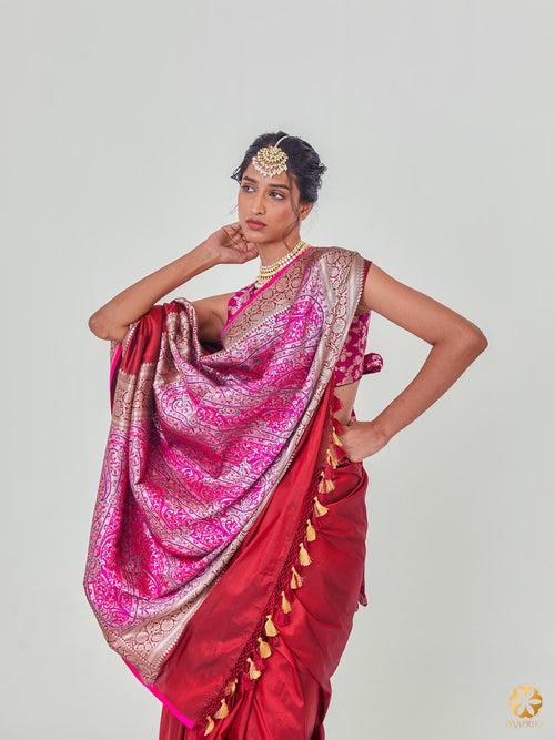 Exquisite Maroon Jamawar Banarasi Saree - Vibrant Pink Palla with Intricate Woven Ambi and Creepers