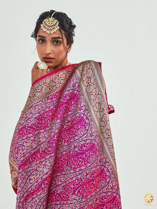 Exquisite Maroon Jamawar Banarasi Saree - Vibrant Pink Palla with Intricate Woven Ambi and Creepers