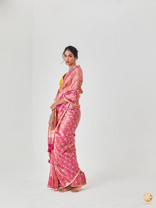 Elegant Blush Pink Handwoven Tissue Saree - Artistic Butis Adorning the Saree in Beautiful Patterns