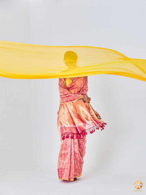 Elegant Blush Pink Handwoven Tissue Saree - Artistic Butis Adorning the Saree in Beautiful Patterns