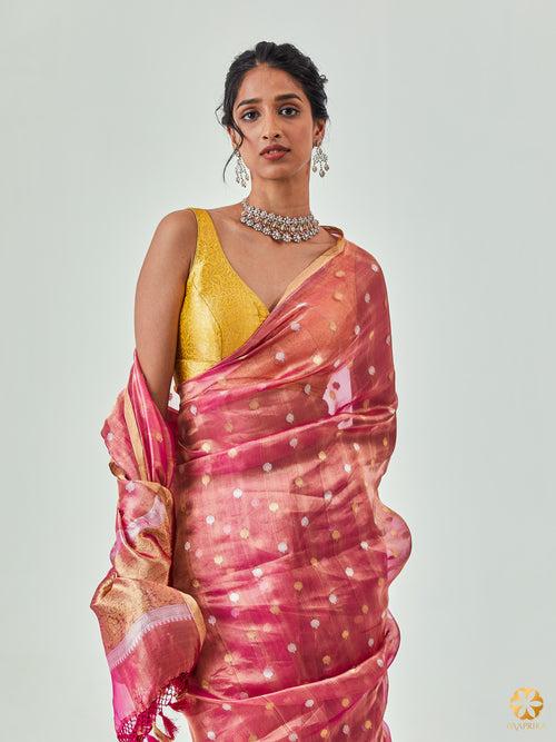 Elegant Blush Pink Handwoven Tissue Saree - Artistic Butis Adorning the Saree in Beautiful Patterns