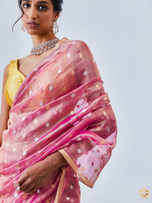 Elegant Blush Pink Handwoven Tissue Saree - Artistic Butis Adorning the Saree in Beautiful Patterns