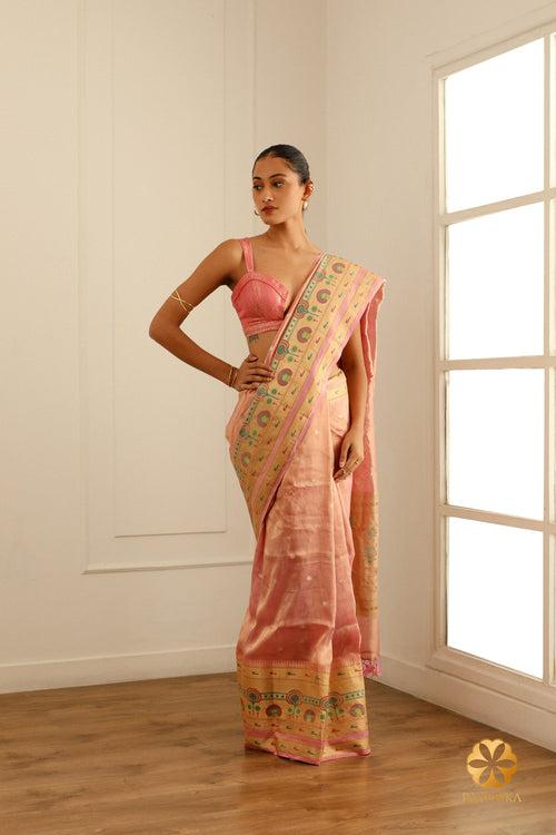 Peach Tissue Saree with Minakari Woven Details in Border