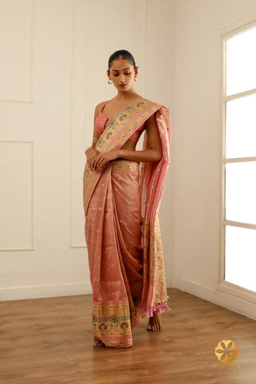 Peach Tissue Saree with Minakari Woven Details in Border