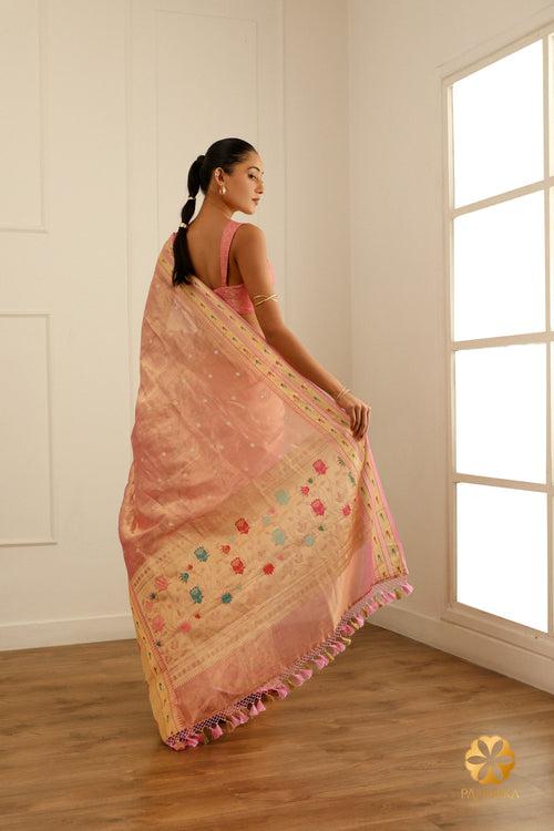 Peach Tissue Saree with Minakari Woven Details in Border