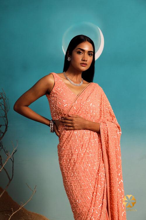 Whimsical Peach Hand-Embroidered Sequin Saree - Playful Fan-Shaped Embroidery Stealing the Show