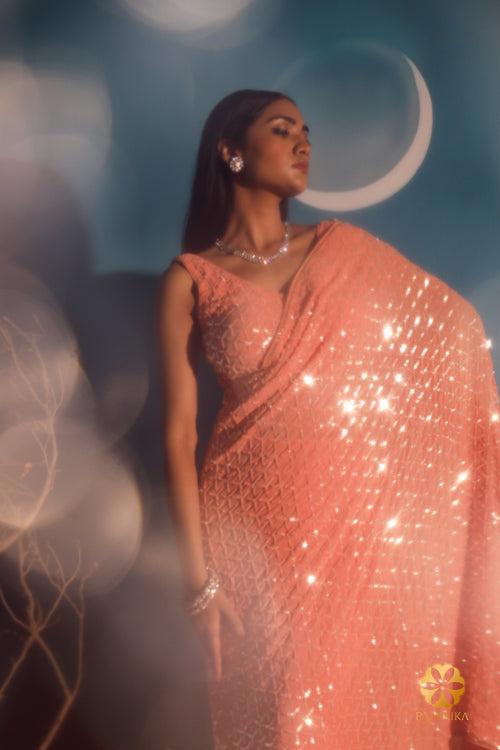 Whimsical Peach Hand-Embroidered Sequin Saree - Playful Fan-Shaped Embroidery Stealing the Show