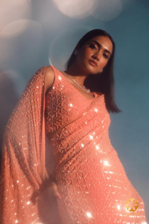 Whimsical Peach Hand-Embroidered Sequin Saree - Playful Fan-Shaped Embroidery Stealing the Show