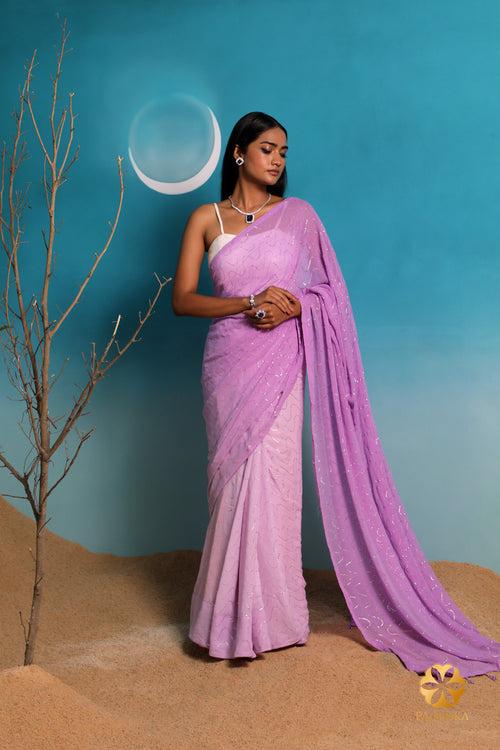 Lavender Ombre Pure Georgette Saree with Mukaish Embroidery