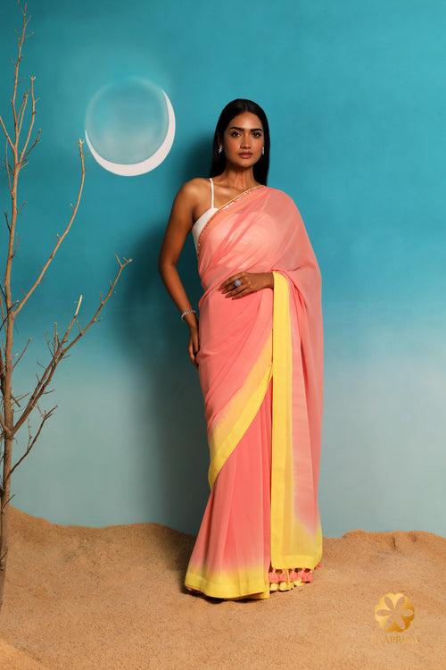 Peach Georgette Saree: Effortless Elegance with a Yellow Ombre Border and Sequin Embroidery