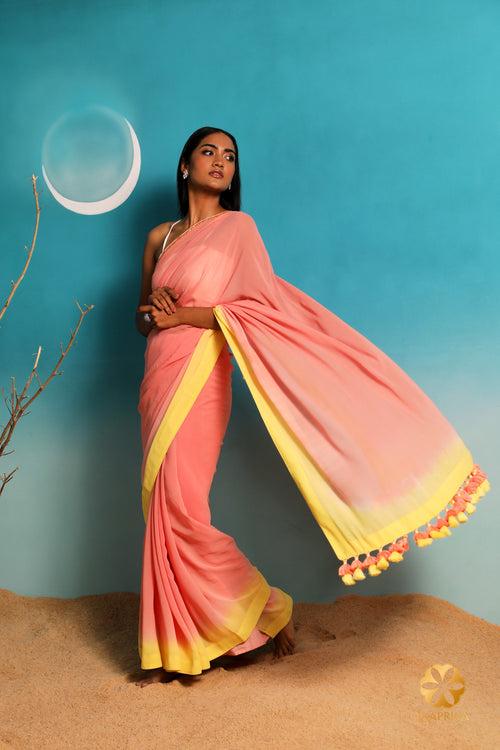 Peach Georgette Saree: Effortless Elegance with a Yellow Ombre Border and Sequin Embroidery