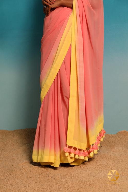 Peach Georgette Saree: Effortless Elegance with a Yellow Ombre Border and Sequin Embroidery