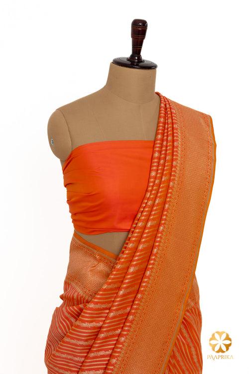 Orange Geometrical Woven Stripes Banarasi Saree with Self Border