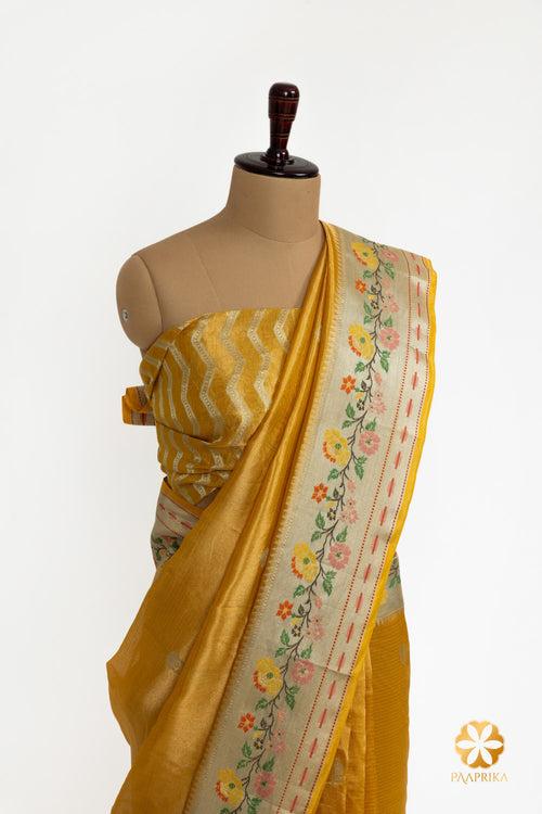 Radiant Mustard Tissue Saree with Floral Border