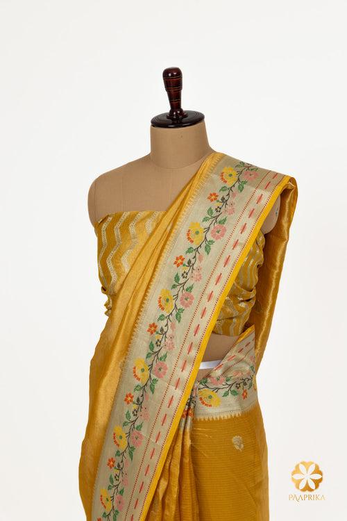 Contemporary Mustard or Yellow Handwoven Tissue Saree with Multicolor Floral Border Accents