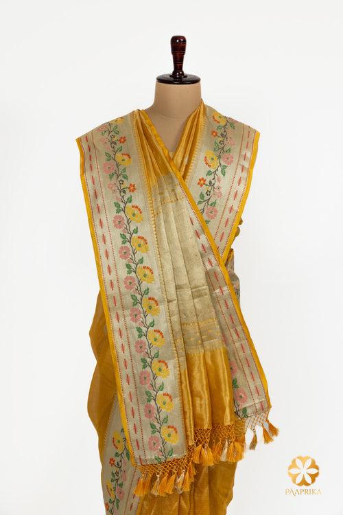 Contemporary Mustard or Yellow Handwoven Tissue Saree with Multicolor Floral Border Accents