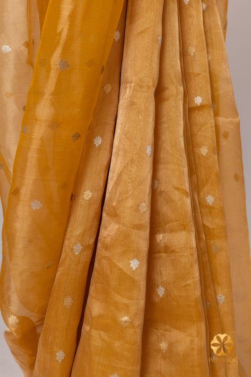 Sandal  and Gold  Handcrafted Tissue Saree with Zari Butis