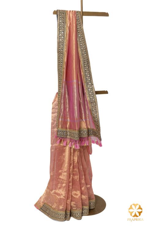 Pink Handcrafted Tissue Saree with Contrast Embellished Border