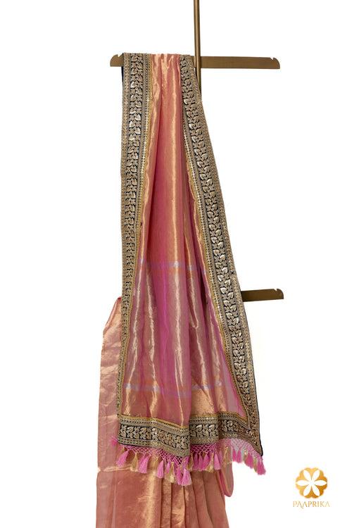 Pink Handcrafted Tissue Saree with Contrast Embellished Border