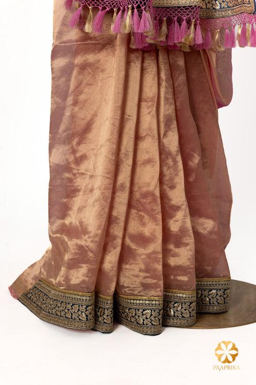 Pink Handcrafted Tissue Saree with Contrast Embellished Border