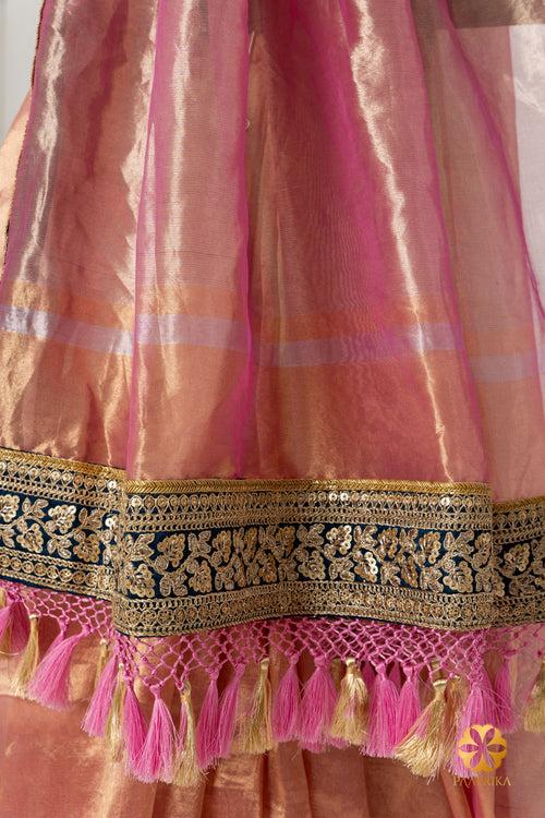 Pink Handcrafted Tissue Saree with Contrast Embellished Border