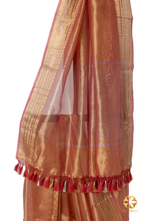 Rose Gold Handcrafted Tissue Saree with Floral Thin Border