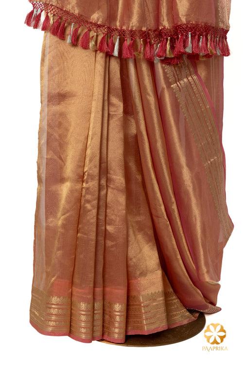 Charming Rose Gold  Handcrafted Tissue Saree with Floral Thin Border