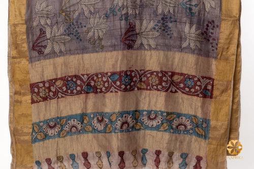 Handwoven Tussar Grey Silk Saree with Palm Trees Depicted in Natural Kalamkari