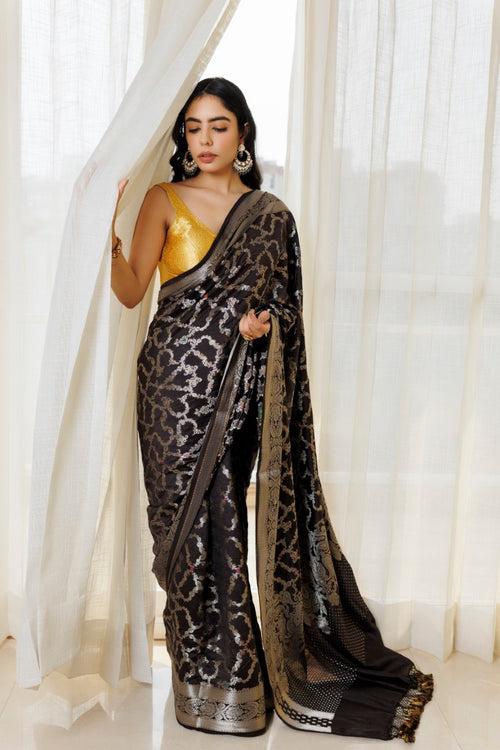 Elegant Black & Silver Pure Spunsilk Saree: Timeless Beauty with a Touch of Shimmer