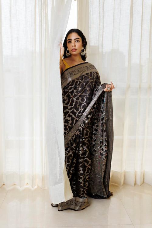 Elegant Black & Silver Pure Spunsilk Saree: Timeless Beauty with a Touch of Shimmer