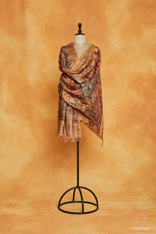 Pen Kalamkari Mustard Tussar Silk Dupatta