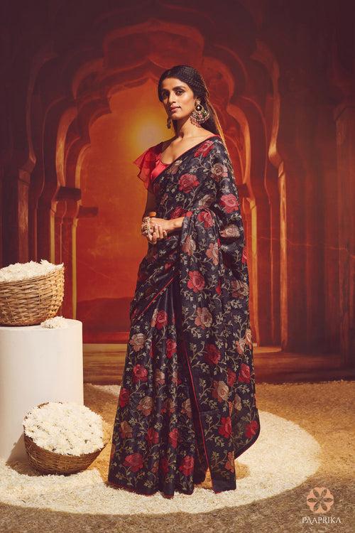 Black and Red Tussar Silk Floral Embroidered Saree