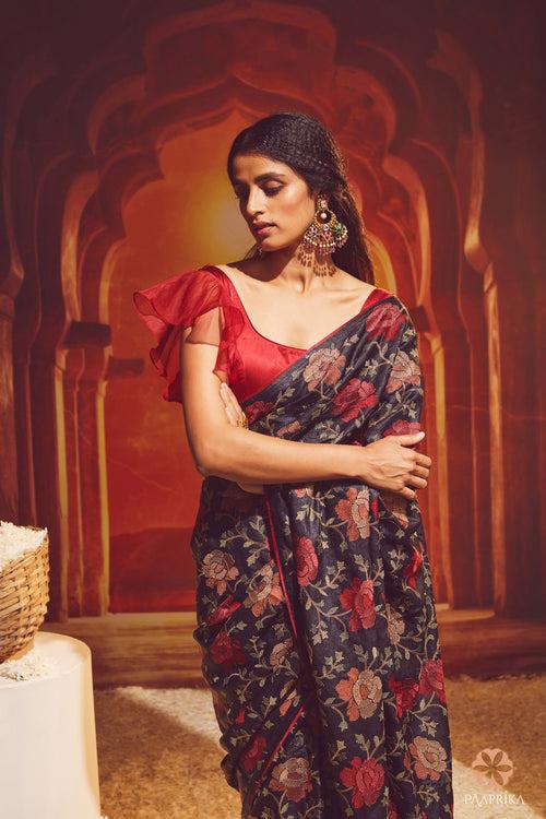 Black and Red Tussar Silk Floral Embroidered Saree