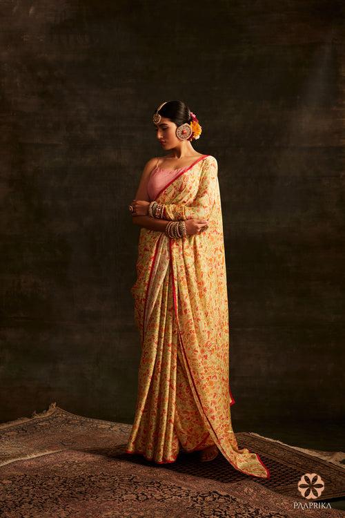 Wheat Satin Crepe Printed Saree