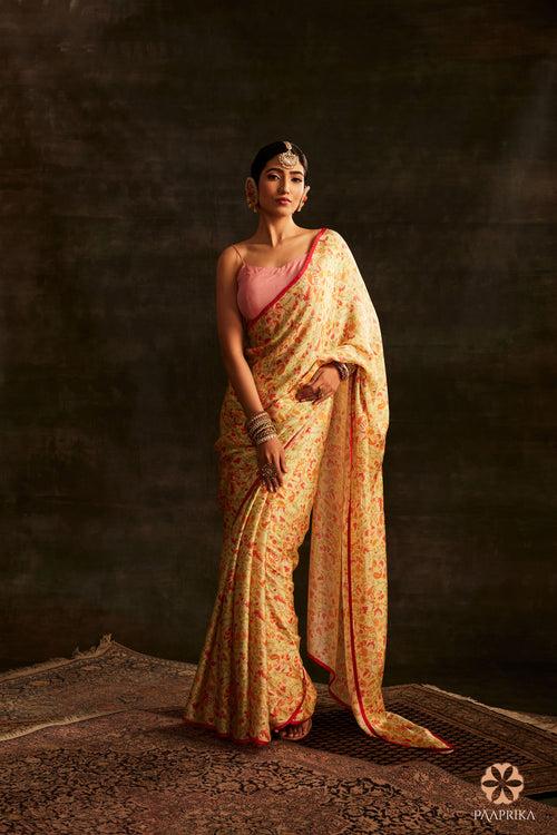 Wheat Satin Crepe Printed Saree